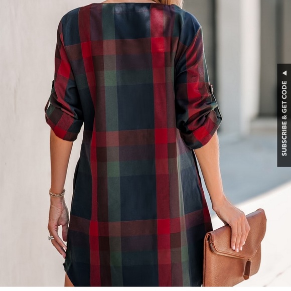 Cupshe Red Green Plaid Long Sleeve Shift Dress NWT - Picture 3 of 14